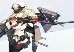 Rule 34 | 10s, 1girl, aircraft, airplane, anchor, bf 109, black gloves, black pantyhose, blockhead bh, blonde hair, breasts, cannon, capelet, gloves, graf zeppelin (kancolle), hair between eyes, hat, kantai collection, large breasts, machinery, military, military hat, military uniform, miniskirt, necktie, pantyhose, peaked cap, sidelocks, skirt, solo, tsurime, twintails, uniform
