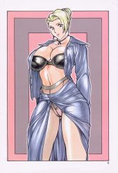 Rule 34 | 1girl, blonde hair, blue eyes, bra, breasts, collarbone, crotch seam, curvy, earrings, hip focus, huge breasts, jewelry, lingerie, lips, mature (kof), navel, open clothes, open shirt, panties, panties under pantyhose, pantyhose, rippadou, shirt, snk, solo, the king of fighters, thighs, unbuttoned, underwear, wide hips