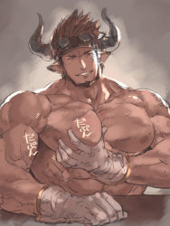 Rule 34 | 1boy, agieruba, bara, gloves, goggles, grabbing, granblue fantasy, groping, horns, large pectorals, looking at viewer, male focus, manly, muscular, nikism, nipples, one eye closed, pectorals, pectoral grab, pectorals, pointy ears, smile, solo, topless male, wink
