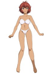 Rule 34 | 1girl, blush, bra, breasts, freckles, full body, haruhisky, highres, jewelry, large breasts, navel, necklace, panties, red hair, scrapped princess, short hair, short sleeves, simple background, smile, solo, underwear, white background, white bra, white panties, winia chester, yellow eyes