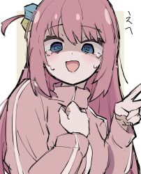 Rule 34 | 1girl, @ @, absurdres, blush, bocchi the rock!, gotoh hitori, hair between eyes, hair ornament, hand on own chest, highres, jacket, long hair, looking at viewer, n40a1, open mouth, pink hair, pink track suit, side ponytail, sidelocks, sketch, solo, teardrop, tearing up, tears, track jacket, track suit, v