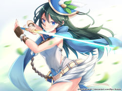 Rule 34 | absurdres, backless outfit, bare shoulders, black hair, blue eyes, blue scarf, blurry, blurry background, deviantart username, dragalia lost, fingerless gloves, gloves, highres, holding, holding sword, holding weapon, leaf, leaf hat ornament, leather wrist straps, looking at viewer, odetta (dragalia lost), ryo-suzuki, scarf, smile, sword, thighs, twitter username, watermark, weapon