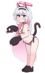Rule 34 | 1girl, :d, absurdres, animal ears, animal hands, belt collar, bikini, black eyes, black footwear, blue archive, blue pupils, braid, breasts, cat ears, cat paws, cat tail, collar, commentary request, fake animal ears, fake tail, full body, gloves, grey hair, halo, highres, korean commentary, leaning forward, loafers, long hair, looking at viewer, lulubelleiii, mismatched pupils, navel, open mouth, paw gloves, pink bikini, pink hair, pink halo, plana (blue archive), red collar, red pupils, shoes, side-tie bikini bottom, side braid, simple background, single braid, small breasts, smile, solo, striped bikini, striped clothes, swimsuit, tail, teeth, upper teeth only, very long hair, white background