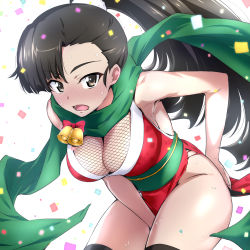 Rule 34 | 1girl, bell, black eyes, black hair, black thighhighs, blush, breasts, cleavage, commentary request, fishnets, girls und panzer, green scarf, large breasts, long hair, looking at viewer, nakahira guy, ninja, nishi kinuyo, obi, official alternate costume, open mouth, ponytail, sash, scarf, solo, sweat, thighhighs