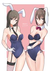 Rule 34 | 10s, 2girls, absurdres, animal ears, black necktie, blush, bow, bowtie, breasts, brown eyes, cleavage, cowboy shot, detached collar, fake animal ears, frown, garter straps, girls und panzer, gloves, highres, irukatto, leotard, long hair, looking at viewer, mika (girls und panzer), multiple girls, necktie, nishizumi maho, playboy bunny, rabbit ears, rabbit tail, red bow, red bowtie, short hair, single thighhigh, smile, standing, tail, thighhighs