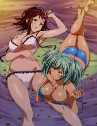 Rule 34 | 2girls, aqua hair, armpits, bachou mouki, bare arms, bare legs, barefoot, bed sheet, bikini, blue bikini, blue scrunchie, blush, breasts, brown eyes, brown hair, cleavage, closed mouth, collarbone, d:, green eyes, hair ornament, hair scrunchie, high ponytail, ikkitousen, indoors, large breasts, leg up, long hair, looking at another, lying, multiple girls, on back, on stomach, open mouth, ryofu housen, scrunchie, shiny skin, sideboob, smile, soles, swimsuit, twintails, underboob, untied bikini, white bikini