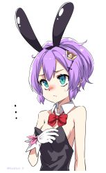 Rule 34 | ..., 1girl, absurdres, animal ears, aqua eyes, azur lane, bare shoulders, black hairband, blush, bow, bowtie, breasts, cleavage, closed mouth, cross, crown, detached collar, fake animal ears, frown, gloves, hairband, hand up, high ponytail, highres, inverted cross, javelin (azur lane), kandori, leotard, mini crown, nose blush, playboy bunny, ponytail, purple hair, rabbit ears, red bow, red bowtie, short hair, simple background, small breasts, solo, strapless, twitter username, upper body, white background, white gloves, wide ponytail