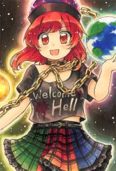 Rule 34 | 1girl, bare shoulders, belt, black background, black belt, black choker, black headwear, black sky, blue skirt, blush, breasts, chain, choker, clothes writing, commentary request, earth (ornament), frills, gold chain, green skirt, grey shirt, hand up, heart, heart print, hecatia lapislazuli, highres, looking at viewer, maa (forsythia1729), medium breasts, medium hair, moon (ornament), multicolored clothes, multicolored skirt, night, night sky, off-shoulder shirt, off shoulder, open mouth, plaid, plaid skirt, red eyes, red hair, red skirt, shirt, short sleeves, skirt, sky, smile, solo, standing, star (sky), starry sky, t-shirt, touhou, underworld (ornament)