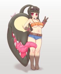 Rule 34 | 1girl, bad id, bad twitter id, bandeau, black hair, blue shorts, blunt bangs, blush, breasts, creatures (company), denim, denim shorts, extra mouth, fewer digits, full body, game freak, gen 3 pokemon, gradient skin, hand on own hip, humanization, kionant, long hair, looking at viewer, mawile, micro shorts, navel, nintendo, parted lips, pokemon, pokemon (creature), red eyes, saliva, shorts, solo, strapless, sunglasses, tube top, underboob, v, wristband