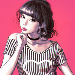 Rule 34 | 1girl, blunt bangs, choker, clothing cutout, head rest, head tilt, heart, ilya kuvshinov, limited palette, lips, looking at viewer, original, pink background, realistic, shirt, shoulder cutout, solo, striped clothes, striped shirt, wavy hair