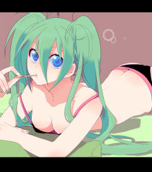 Rule 34 | 1girl, blue eyes, bra, green hair, hatsune miku, highres, kondoru, letterboxed, lingerie, lipstick, long hair, lying, makeup, multicolored nails, nail art, nail polish, on stomach, panties, solo, twintails, underwear, underwear only, vocaloid