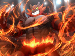 Rule 34 | 1boy, abs, brown fur, claws, colored sclera, commentary request, creatures (company), fire, from below, furry, furry male, game freak, gen 7 pokemon, green eyes, highres, incineroar, light, male focus, muscular, muscular male, nintendo, pokemon, pokemon (creature), skarltano, smile, solo, teeth, tusks, wrestling ring, yellow sclera