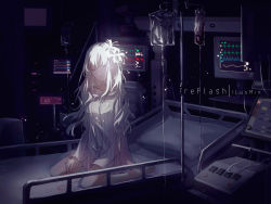 Rule 34 | 1girl, bed, blood, blood bag, cardiogram, chinese commentary, choker, closed eyes, commentary, english commentary, english text, flower, glowing flower, hair flower, hair ornament, highres, hospital, hospital bed, indoors, intravenous drip, iv stand, long hair, mechari, mixed-language commentary, monitor, on bed, original, pillow, sitting, solo, spider lily, wariza, white hair