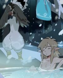 Rule 34 | 2boys, beak, bird boy, bird legs, bird wings, blush, closed eyes, completely nude, covering face, earrings, embarrassed, feathers, furry, furry male, jewelry, link, male focus, multiple boys, nipples, nude, onsen, outdoors, partially submerged, pointy ears, snow, snowing, suikaels, tagme, the legend of zelda, the legend of zelda: tears of the kingdom, tulin (zelda), water, white feathers, white fur, wings