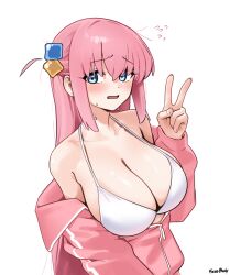 Rule 34 | 1girl, artist name, bare shoulders, bikini, blue eyes, blush, bocchi the rock!, breasts, cleavage, collarbone, commentary, cube hair ornament, english commentary, fingernails, flying sweatdrops, fried bocky, gotoh hitori, hair between eyes, hair ornament, highres, huge breasts, jacket, large breasts, long hair, long sleeves, messy hair, one side up, open mouth, partially unzipped, pink hair, pink jacket, simple background, sleeves past wrists, solo, sweat, swimsuit, track jacket, v, white background, white bikini