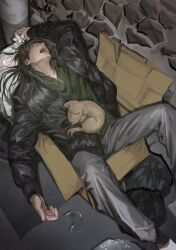 Rule 34 | 1boy, absurdres, black coat, box, brown hair, cardboard box, chamuring, cigarette, closed eyes, coat, cobblestone, dog, drooling, feet out of frame, green sweater, grey pants, highres, itou kaiji, kaiji, long hair, long sleeves, male focus, open mouth, pants, puffy coat, sleeping, solo, sweater, trash, trash bag, zipper