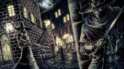 Rule 34 | 4boys, architecture, black coat, building, cane, capelet, city, coat, concealed weapon, covered mouth, full moon, gloomwood, gloves, glowing, glowing eyes, gun, handgun, hat, hat belt, highres, holding, holding cane, holding gun, holding lantern, holding weapon, lamppost, lantern, moon, multiple boys, night, night sky, outdoors, protagonist (gloomwood), revolver, road, shotgun, sky, stairs, street, substance20, sword cane, weapon