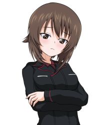 Rule 34 | 1girl, black jacket, blush, boko dream, brown eyes, brown hair, closed mouth, commentary, crossed arms, dress shirt, frown, girls und panzer, half-closed eyes, highres, jacket, kuromorimine military uniform, long hair, long sleeves, looking at viewer, military, military uniform, nishizumi maho, red shirt, shirt, short hair, simple background, solo, uniform, upper body, white background, wing collar