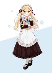 Rule 34 | 1girl, absurdres, apron, black dress, black footwear, blonde hair, blue background, blush, brown eyes, brown pantyhose, closed mouth, dress, finger to mouth, flower, frilled apron, frills, full body, hand up, highres, juliet sleeves, long hair, long sleeves, looking at viewer, maid, maid apron, maid headdress, mary janes, hugging object, pantyhose, pleated dress, puffy sleeves, sakura oriko, shoes, solo, standing, swing!!, tray, twintails, two-tone background, very long hair, white apron, white background, white flower, white pantyhose
