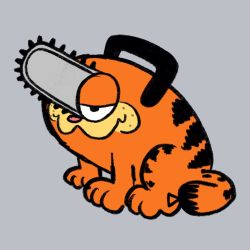 Rule 34 | :3, animal focus, animal hands, animal nose, black eyes, body fur, cat, cat tail, chainsaw man, closed mouth, commentary, english commentary, full body, garfield, garfield (character), grey background, half-closed eyes, highres, memebasedgod69, no ears, no humans, orange fur, pochita (chainsaw man), simple background, sitting, solo, tail