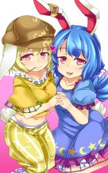 Rule 34 | 2girls, animal ears, arm behind back, blonde hair, bloomers, blue dress, blue hair, crescent, crop top, dress, earclip, flat cap, floppy ears, hat, heads together, heart, highres, holding hands, interlocked fingers, konata gazel, long hair, looking at viewer, midriff, multiple girls, navel, open mouth, orange shirt, ponytail, puffy short sleeves, puffy sleeves, rabbit ears, rabbit tail, red eyes, ringo (touhou), seiran (touhou), shirt, short hair, short sleeves, shorts, simple background, smile, star (symbol), tail, touhou, two-tone background, underwear, yuri