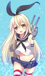 Rule 34 | 1girl, 1other, anchor hair ornament, arms behind back, black panties, blonde hair, blue background, blue sailor collar, blue skirt, commentary request, cowboy shot, crop top, elbow gloves, gloves, grey eyes, hair between eyes, hair ornament, highleg, highleg panties, highres, kantai collection, leaning forward, long hair, looking at viewer, microskirt, miniskirt, navel, open mouth, panties, pleated skirt, rensouhou-chan, ringo sui, sailor collar, shimakaze (kancolle), skirt, smile, striped clothes, striped thighhighs, thighhighs, underwear, white gloves