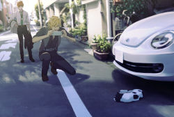 Rule 34 | 2boys, bicycle, blonde hair, car, cat, formal, hypnosis mic, izanami hifumi, kannonzaka doppo, kneeling, motor vehicle, multiple boys, phone, plant, red hair, road, squatting, street, suit, taking picture