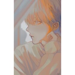 Rule 34 | 1boy, bishounen, blonde hair, blue eyes, closed mouth, cognacbear, expressionless, hand on own chin, highres, long sleeves, looking to the side, male focus, mirror, original, portrait, reflection focus, solo, sweater, white sweater