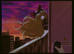 Rule 34 | 1girl, 1other, blonde hair, blue eyes, building, can, cloud, cloudy sky, hat, holding, holding can, long hair, mob cap, posumine, railing, sign, sky, touhou, warning sign, yakumo yukari