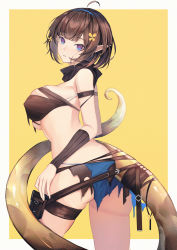 Rule 34 | 1girl, absurdres, ahoge, arknights, arm strap, ass, bandeau, bare arms, bare shoulders, black scarf, blue eyes, blue hairband, breasts, brown hair, chinese commentary, commentary request, cowboy shot, eunectes (arknights), fanshu, from side, hairband, highres, huge filesize, large breasts, looking at viewer, midriff, parted lips, partial commentary, pointy ears, pouch, scarf, short hair, snake tail, solo, standing, strapless, tail, thigh strap, thighs, tube top