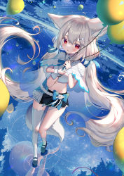 Rule 34 | 1girl, ahoge, animal ear fluff, animal ears, asymmetrical legwear, balloon, bare shoulders, black skirt, blue bow, blue flower, blush, bow, capelet, commentary request, commission, crop top, ears down, eyes visible through hair, flower, fox ears, fox girl, fox tail, grey hair, hair between eyes, hair flower, hair ornament, hairclip, highres, holding, holding balloon, horizon, kiramarukou, large ears, long hair, low twintails, mismatched legwear, navel, night, night sky, ocean, original, outdoors, parted lips, red eyes, ripples, sakurada shiro (hy plus), shirt, single sock, single thighhigh, skeb commission, skirt, sky, socks, solo, star (sky), starry sky, tail, thighhighs, twintails, very long hair, walking, walking on liquid, water, white capelet, white flower, white shirt, white socks