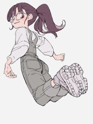 Rule 34 | 1girl, from behind, full body, glasses, grey footwear, grey overalls, grin, highres, legs up, midair, original, overalls, poca38, ponytail, purple eyes, purple hair, shirt, short eyebrows, simple background, smile, solo, white shirt