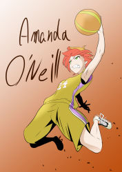 Rule 34 | 1girl, amanda o&#039;neill, bad id, bad pixiv id, ball, basketball, basketball (object), basketball uniform, brown hair, cosplay, gradient background, green eyes, jumping, little witch academia, mokuseirokku, multicolored hair, orange hair, shaquille o&#039;neal, shaquille o&#039;neal (cosplay), shoes, short hair, slam dunk (basketball), sneakers, solo, sportswear, white footwear
