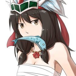 Rule 34 | 1girl, breasts, brown eyes, brown hair, cleavage, commentary request, crown, fish, fish in mouth, jewelry, long hair, looking at viewer, medium breasts, natsuya (kuttuki), necklace, ragnarok online, sarashi, sidelocks, simple background, solo, sura (ragnarok online), upper body, white background