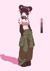 Rule 34 | 1girl, :p, arm warmers, baggy pants, black arm warmers, black choker, black footwear, black hair, blunt bangs, breasts, brown pants, cargo pants, choker, collared shirt, color guide, cropped shirt, double bun, full body, gaako illust, grey eyes, hair bobbles, hair bun, hair ornament, hands in pockets, headphones, highres, looking to the side, midriff, navel, original, pants, polo shirt, shirt, shoes, short sleeves, simple background, small breasts, solo, standing, tongue, tongue out, white shirt