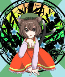 Rule 34 | 1girl, akiyama, animal ears, bad id, bad pixiv id, brown hair, cat ears, cat girl, cat tail, chen, china dress, chinese clothes, dress, female focus, hat, multiple tails, paw pose, plant, ribbon, short hair, solo, tail, tongue, touhou