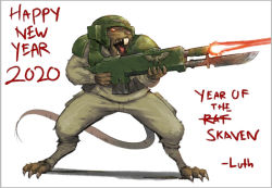 Rule 34 | 1boy, 2020, artist name, assault rifle, astra militarum, barefoot, bayonet, chinese zodiac, claws, energy gun, english text, firing, full body, gun, happy new year, helmet, laser, laser rifle, lutherniel, male focus, military, military uniform, mouse (animal), mouse tail, new year, rifle, simple background, skaven, solo, standing, tail, teeth, uniform, warhammer 40k, warhammer fantasy, weapon, white background, year of the rat