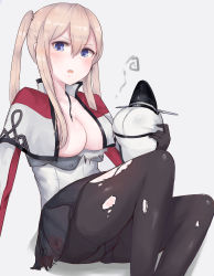 Rule 34 | 10s, 1girl, black gloves, black skirt, blonde hair, blue eyes, blush, breasts, capelet, collarbone, convenient censoring, gloves, graf zeppelin (kancolle), grey background, hair between eyes, hat, unworn hat, unworn headwear, highres, holding, holding clothes, holding hat, jacket, kantai collection, kinryuu, large breasts, long hair, long sleeves, looking at viewer, open clothes, open mouth, panties, panties under pantyhose, pantyhose, peaked cap, pleated skirt, simple background, skirt, solo, squiggle, torn clothes, torn pantyhose, twintails, underwear, white jacket