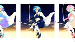 Rule 34 | absurdres, blue footwear, cape, cloud, cutlass, detached sleeves, dual wielding, fortissimo, gloves, hair ornament, highres, holding, holding sword, holding weapon, looking away, magical girl, mahou shoujo madoka magica, mahou shoujo madoka magica (anime), mahou shoujo madoka magica movie 1 &amp; 2, miki sayaka, musical note, musical note hair ornament, saber (weapon), sky, sword, tagme, weapon, white cape, white gloves