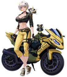 Rule 34 | 1girl, absurdres, black choker, black footwear, black gloves, black jacket, black panties, blonde hair, blunt bangs, breasts, choker, cleavage, ear piercing, eruthu, fingerless gloves, full body, gloves, highres, jacket, large breasts, looking at viewer, luvdia, mascot, midriff, motor vehicle, motorcycle, multicolored hair, navel, panties, pants, park dona, piercing, pink lips, pouch, shoes, short hair, sidelocks, sneakers, standing, streaked hair, thigh pouch, thigh strap, two-tone hair, underwear, v, virtual youtuber, white background, white hair, yellow eyes, yellow pants