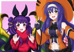 Rule 34 | 2girls, animal ears, bat ears, belt, black gloves, blue hair, blush, breasts, detached sleeves, dragon wings, fake animal ears, fang, fingerless gloves, fire emblem, fire emblem: path of radiance, fire emblem: the sacred stones, fire emblem heroes, fur trim, gloves, green eyes, halloween costume, hat, headband, large breasts, long hair, long sleeves, mia (fire emblem), miven, multi-tied hair, multiple girls, myrrh (fire emblem), nintendo, open mouth, purple hair, red eyes, smile, twintails, v, white headband, wings, witch hat