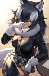 Rule 34 | 10s, 1girl, animal ears, black hair, black thighhighs, blazer, blue eyes, breasts, cleavage, commentary request, crossed legs, fang, fang out, from above, gloves, grey wolf (kemono friends), guchico, hair between eyes, hand to own mouth, heterochromia, jacket, kemono friends, long hair, long sleeves, looking at viewer, medium breasts, multicolored hair, necktie, pencil, plaid, plaid necktie, plaid neckwear, plaid skirt, pleated skirt, sitting, skirt, solo, tail, thighhighs, two-tone hair, white gloves, wolf ears, wolf tail, yellow eyes, zettai ryouiki