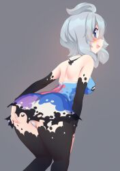 Rule 34 | 1girl, absurdres, ahoge, ass, blue eyes, bodypaint, chumu (teuthidan), commission, commissioner upload, dress, from behind, grey hair, hand on own ass, highres, leaning forward, looking at viewer, looking back, niniidawns, original, panties, pantyshot, short dress, solo, tentacle hair, underwear, upskirt, white panties
