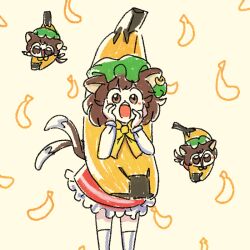 Rule 34 | 1girl, animal ear piercing, animal ears, banana costume, blush stickers, brown eyes, brown hair, cat ears, cat tail, chen, chibi, commentary, earrings, english commentary, feet out of frame, frills, fruit background, green headwear, hands on own cheeks, hands on own face, hands up, hat, jewelry, long sleeves, mob cap, multiple tails, multiple views, nekomata, numenoko, open mouth, petticoat, red skirt, short hair, simple background, single earring, skirt, socks, standing, surprised, tail, teeth, touhou, two tails, upper teeth only, white background, white socks