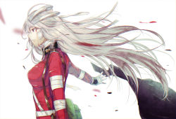 Rule 34 | 1girl, bag, bandage on face, bandages, blood, blood on face, coat, unworn coat, fate/grand order, fate (series), florence nightingale (fate), florence nightingale (third ascension) (fate), gloves, injury, long hair, military, military uniform, pink hair, profile, red coat, red eyes, satchel, shirt, simple background, solo, toriki (hed-1), torn clothes, torn shirt, uniform, white background, white gloves
