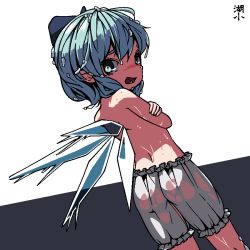 Rule 34 | 1girl, artist name, ass, bloomers, blue bow, blue eyes, blue hair, blush, bow, cirno, from behind, huxiao (mistlakefront), ice, ice wings, looking at viewer, looking back, open mouth, self hug, short hair, solo, topless, touhou, underwear, wet, wet bloomers, wet clothes, wings