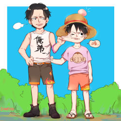 Rule 34 | 2boys, absurdres, brothers, hat, highres, monkey d. luffy, multiple boys, one piece, portgas d. ace, siblings, stampede string, straw hat, aged down