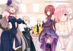 Rule 34 | 1boy, 4girls, :t, absurdres, ahoge, alternate costume, artoria pendragon (all), artoria pendragon (fate), black dress, black gloves, black legwear, blue dress, blush, braid, breast hold, breasts, bright pupils, choker, cleavage, closed mouth, contrapposto, crossed arms, dress, earrings, eating, elbow gloves, fate/grand order, fate (series), flower, fork, gilgamesh (fate), gilgamesh (formal dress) (fate), gloves, grin, hair bun, hair flower, hair ornament, hair over one eye, halterneck, hand on own hip, haori, highres, indoors, japanese clothes, jeanne d&#039;arc (fate), jeanne d&#039;arc alter (avenger) (fate), jeanne d&#039;arc alter (fate), jewelry, large breasts, leaning forward, light brown hair, long hair, looking at viewer, mash kyrielight, mash kyrielight (formal dress), matsuryuu, multiple girls, nose blush, official alternate costume, parted lips, pink hair, purple eyes, purple gloves, purple legwear, red eyes, red hair, ribbon choker, saber alter, scan, scathach (fate), scathach (formal dress) (fate), short dress, single hair bun, small breasts, smile, standing, strapless, strapless dress, sweatdrop, thighhighs, tiara, white dress, white gloves, yellow eyes