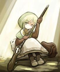 Rule 34 | 1girl, ankle boots, antique firearm, bad id, bad pixiv id, bag, blonde hair, boots, brown gloves, chemist (fft), dress, expressionless, final fantasy, final fantasy tactics, gun, firelock, flintlock, full body, gloves, green dress, gun, holding, holding gun, holding weapon, jitome, long sleeves, looking to the side, musket, pantyhose, rifle, shitoshine, short hair, sitting, solo, weapon