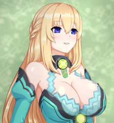 Rule 34 | 1girl, bare shoulders, blonde hair, blue eyes, blush, braid, breasts, cleavage, commentary request, deviantart username, dress, hair between eyes, jyu ichi, large breasts, long hair, looking ahead, neptune (series), parted lips, partial commentary, patreon username, shiny skin, smile, solo, upper body, vert (neptunia)